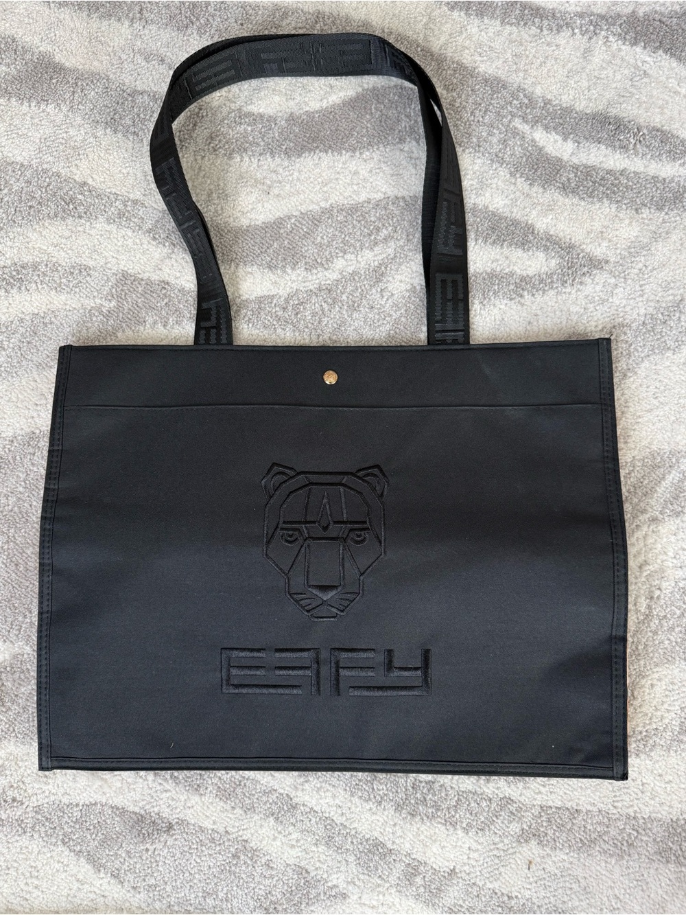 EFFY Black Canvas Shopping Bag Tote with animal print sides